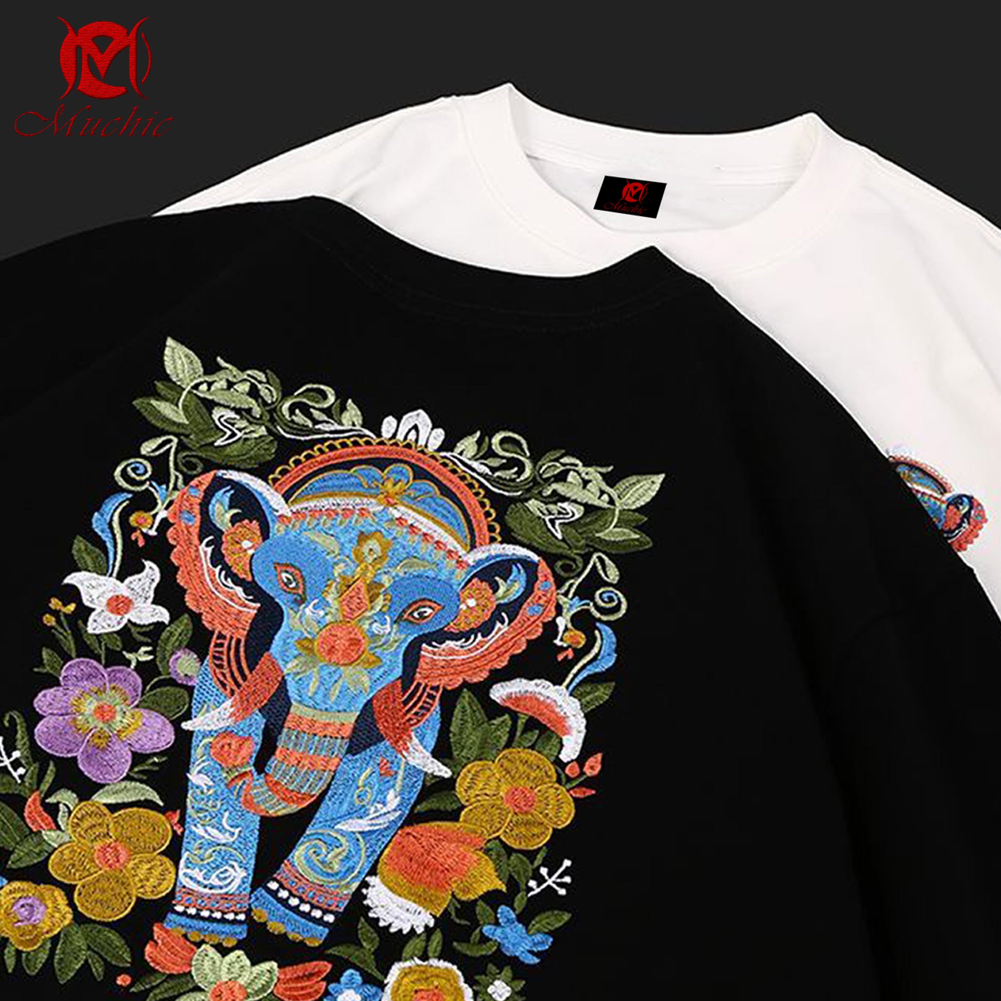 Unisex Intangible Cultural Heritage Elephant Embroidery T-shirt (Hand Embroidery) (Duty Free)