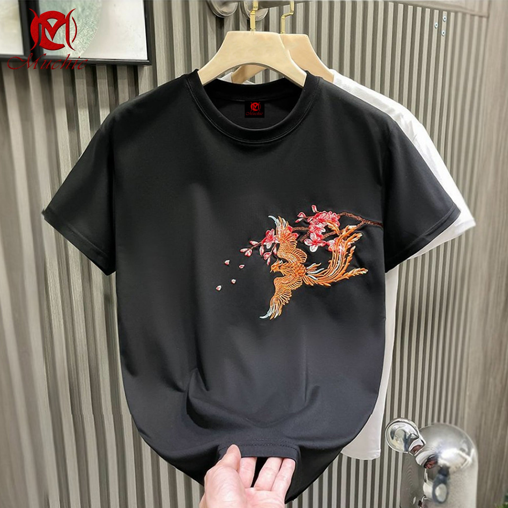 Unisex Intangible Cultural Heritage Double Phoenix Plum Blossom Embroidered T-shirt (Hand-embroidered) (Duty Free)