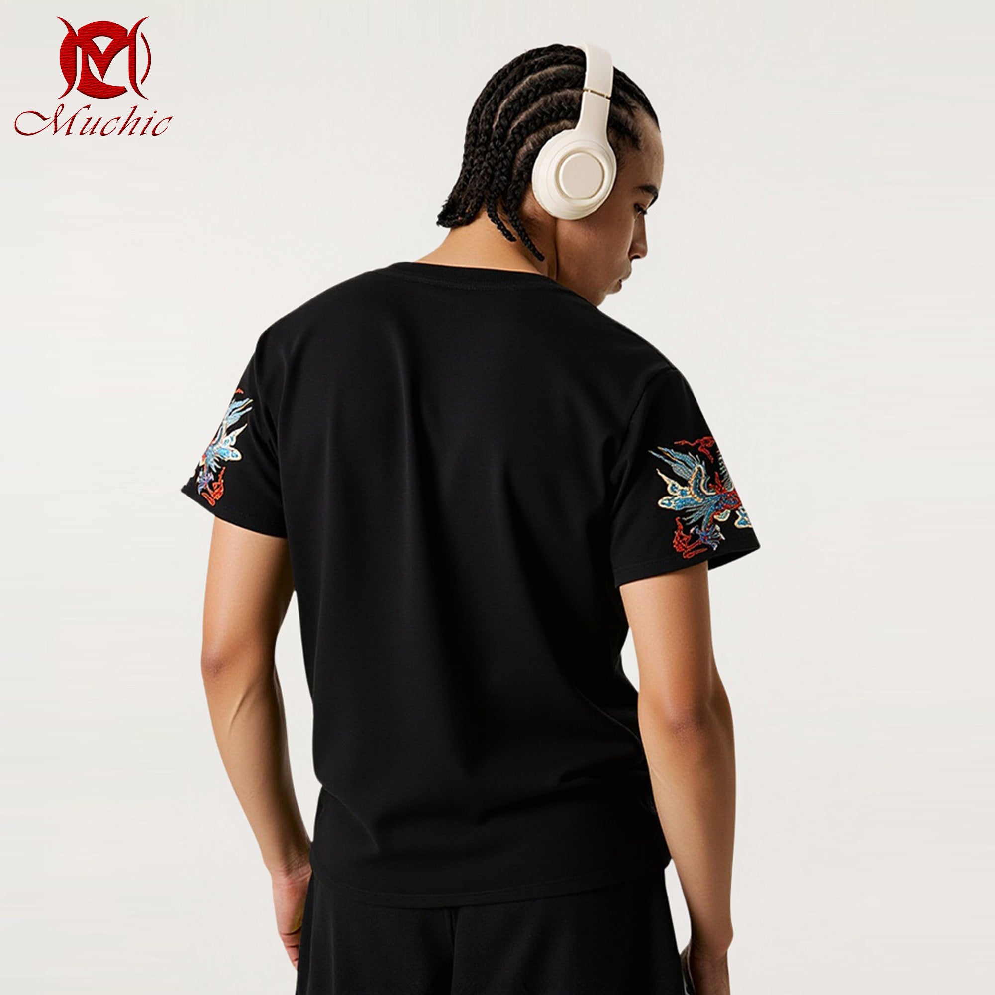 Unisex Intangible Cultural Heritage Green Double Dragon Pattern Embroidered T-shirt(Hand Embroidered) (Duty Free)