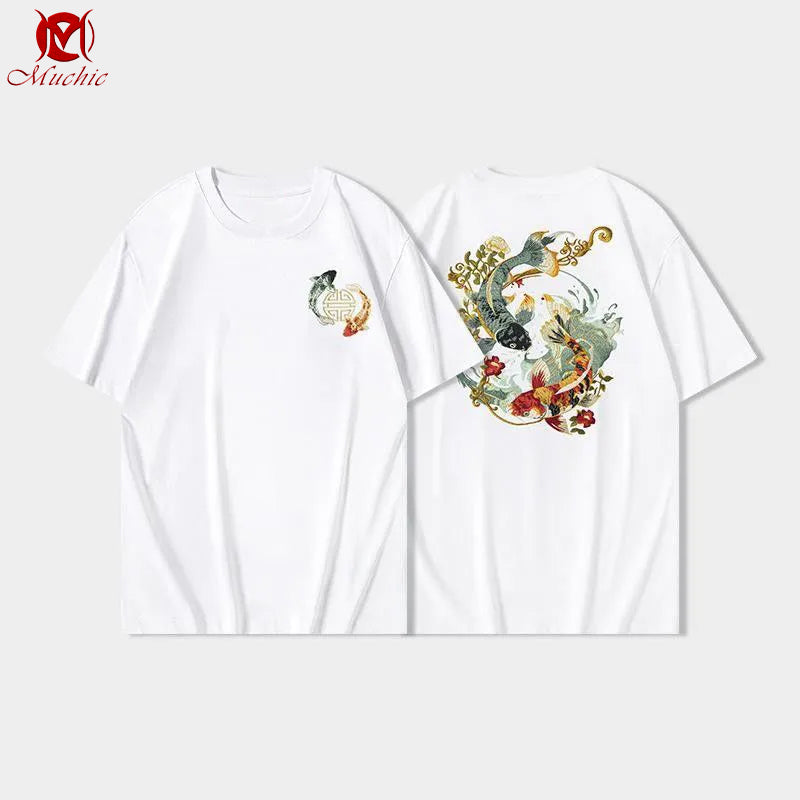 Unisex Intangible Cultural Heritage Koi Carp Embroidery T-shirt(Hand Embroidered) (Duty Free)