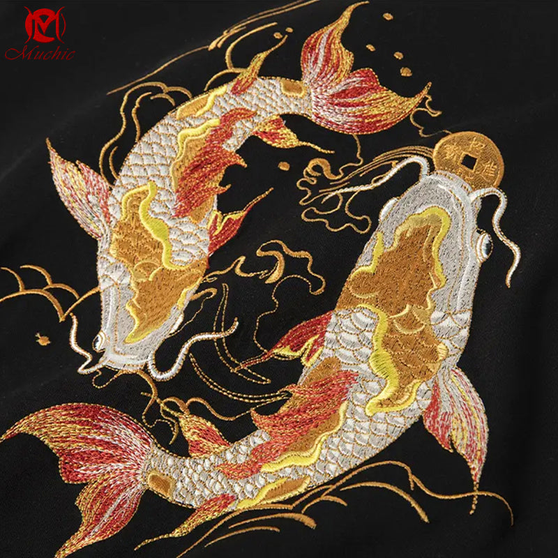 Unisex Intangible Cultural Heritage Koi Carp Embroidery T-shirt(Hand Embroidered) (Duty Free)