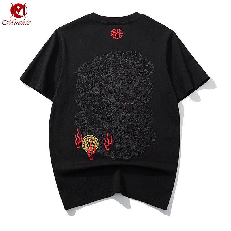 Unisex Intangible Cultural Heritage Copper money Dragon Embroidery T-shirt(Hand Embroidered) (Duty Free)
