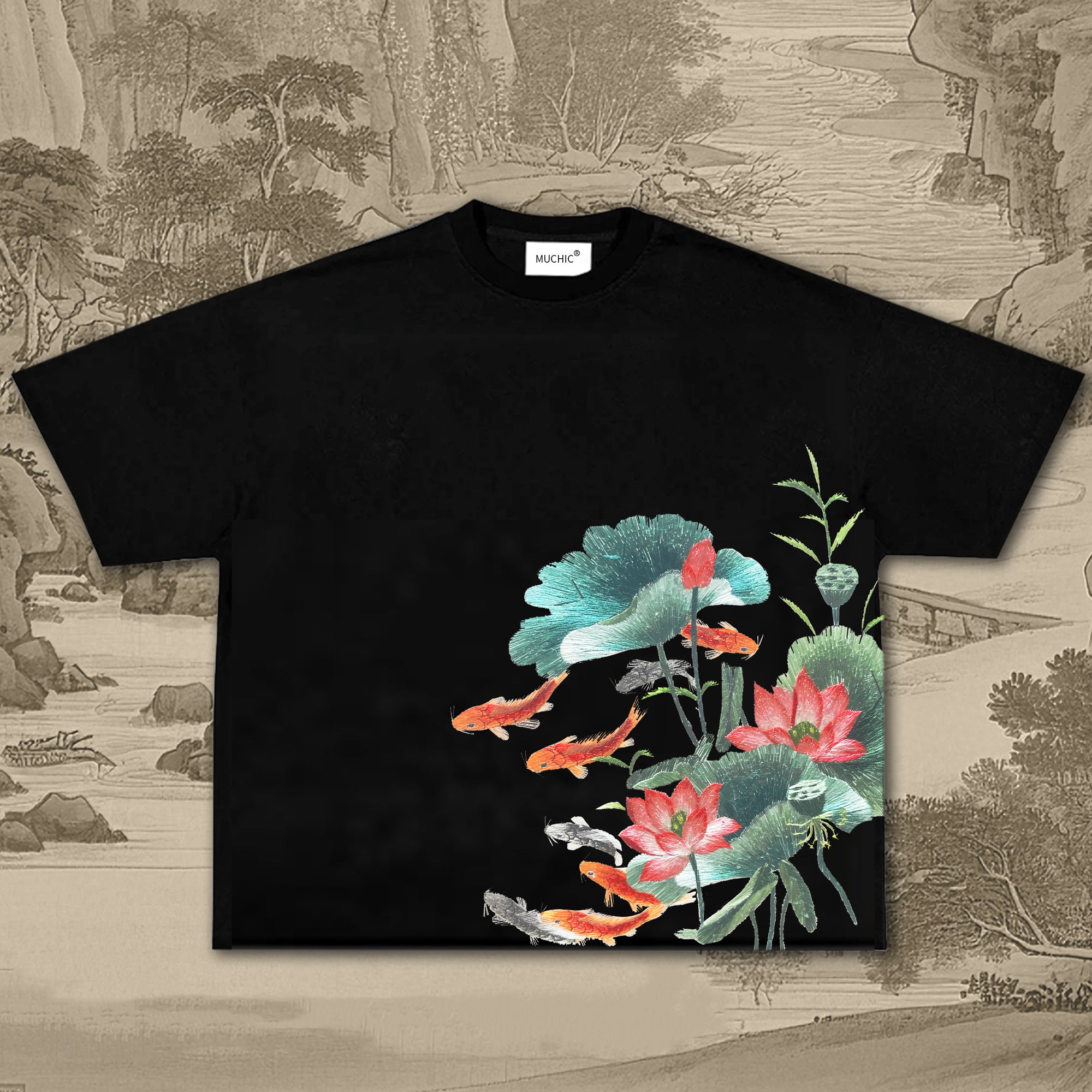 Unisex Intangible Cultural Heritage Lotus Pond Moonlight Pattern Embroidered T-shirt (hand-embroidered)(duty free)