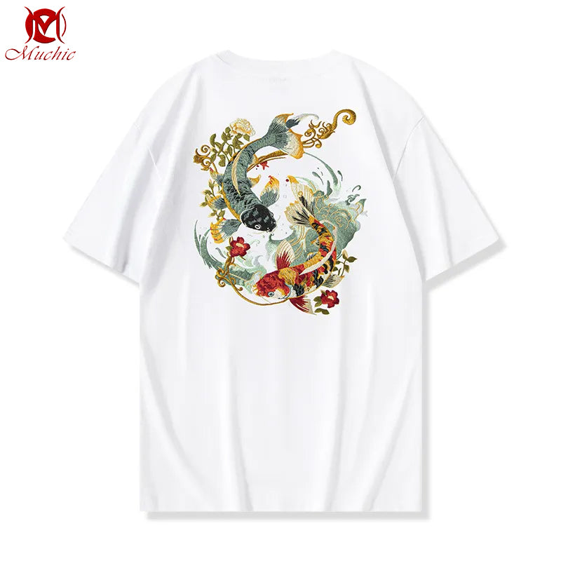 Unisex Intangible Cultural Heritage Koi Carp Embroidery T-shirt(Hand Embroidered) (Duty Free)