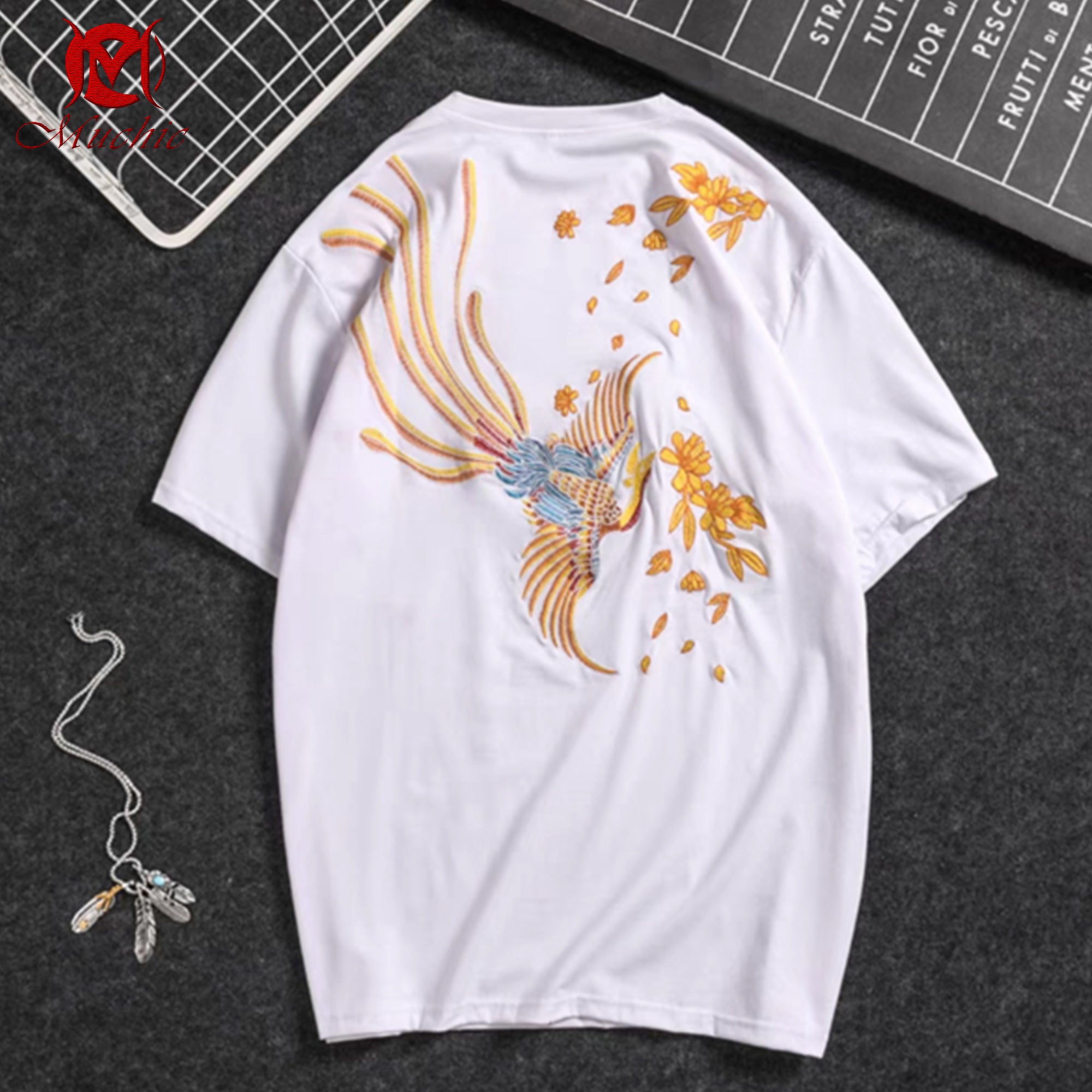 Unisex Intangible Cultural Heritage Phoenix Embroidered T-shirt(Hand Embroidery) (Duty Free)