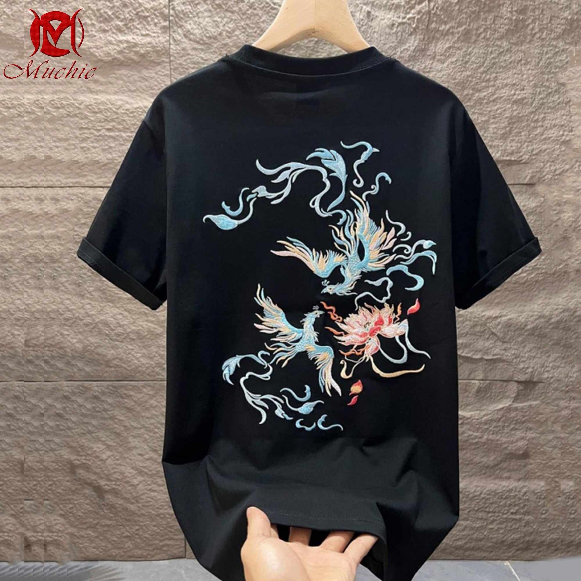Unisex Intangible Cultural Heritage Double Phoenix Lotus Embroidery Print T-shirt (Hand Embroidery) (Duty Free)