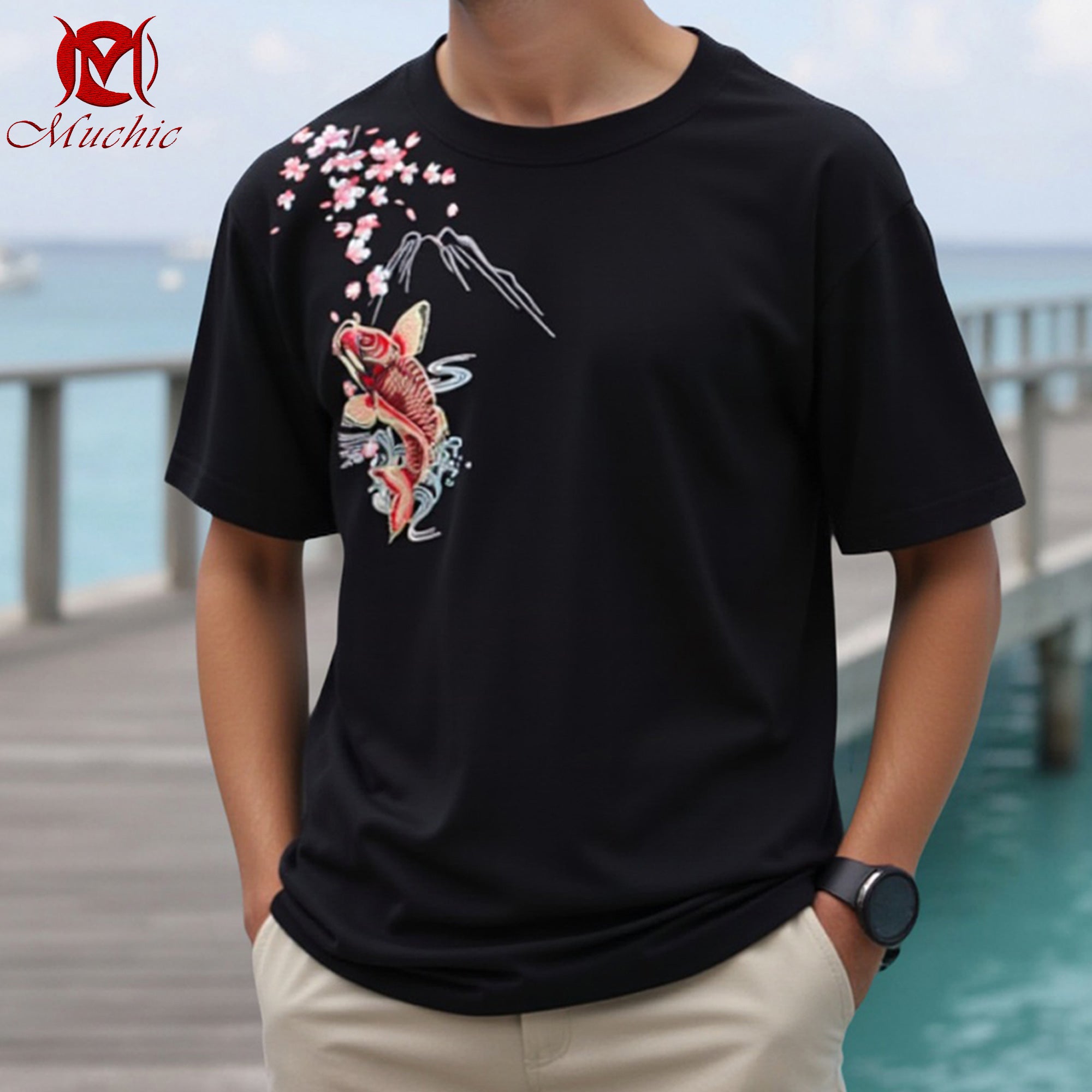 Unisex Intangible Cultural Heritage Goldfish and Cherry Blossom Embroidered T-shirt (Hand-embroidered) (Duty Free)