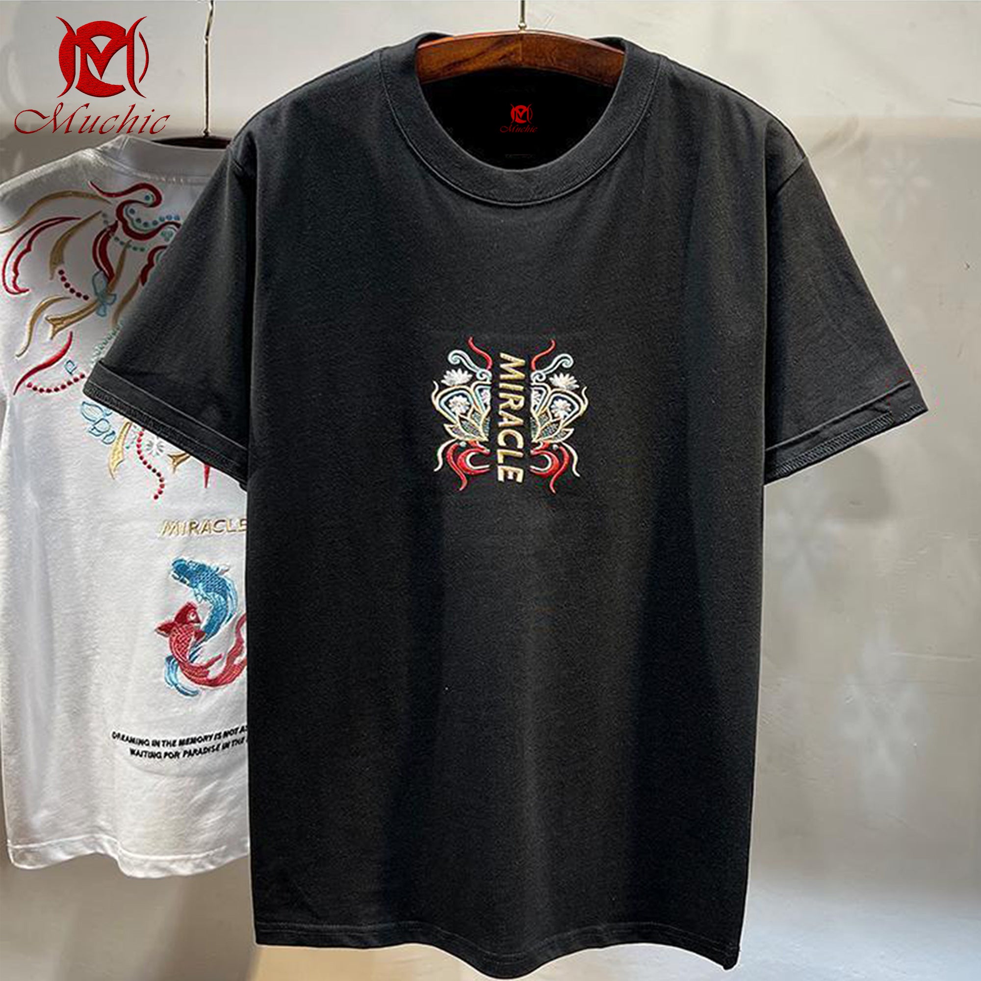 Unisex Intangible Cultural Heritage Double Goldfish Lotus Embroidered T-shirt(Hand Embroidery) (Duty Free)