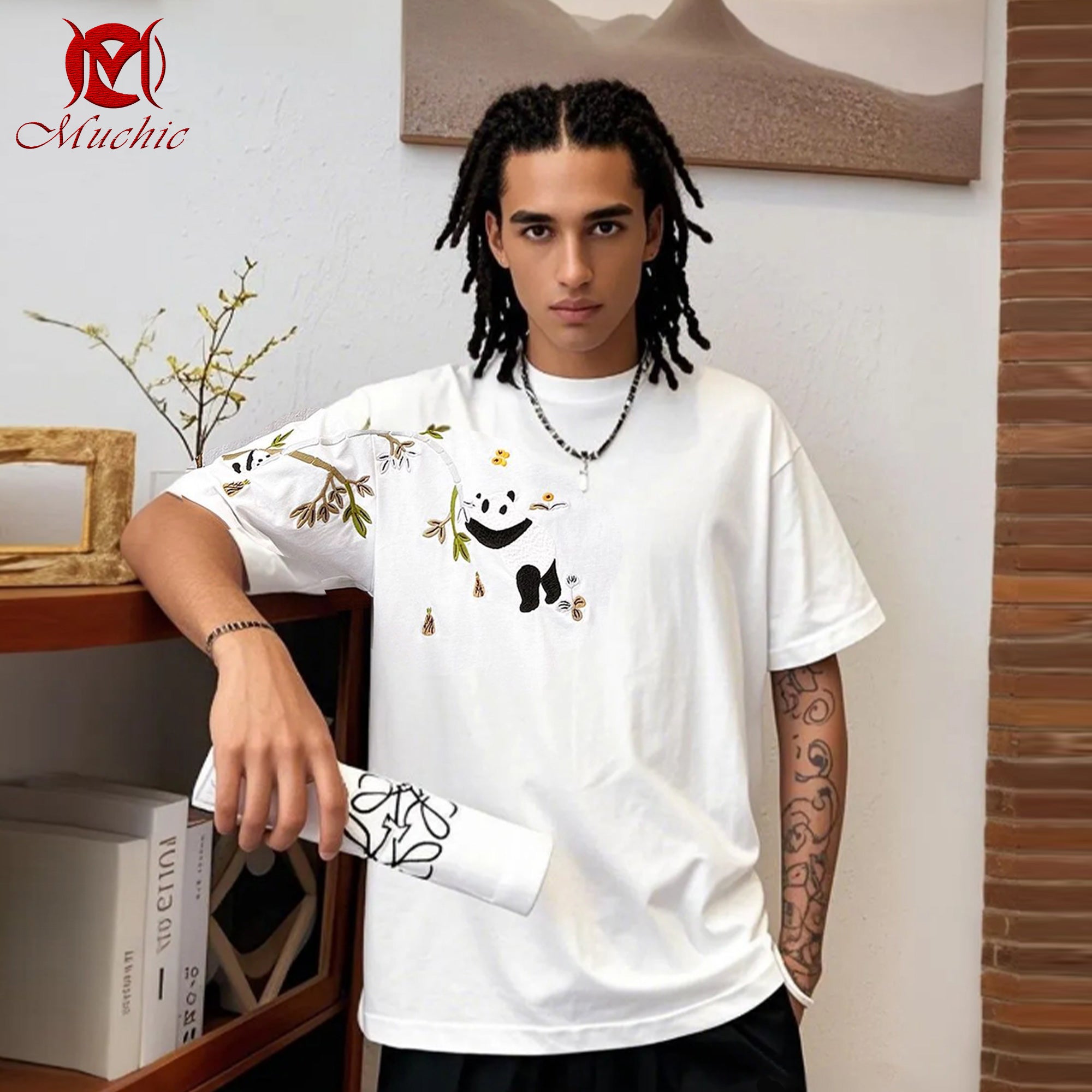 Unisex Intangible Cultural Heritage Panda Bamboo Leaf Embroidery T-shirt (Hand Embroidery) (Duty Free)