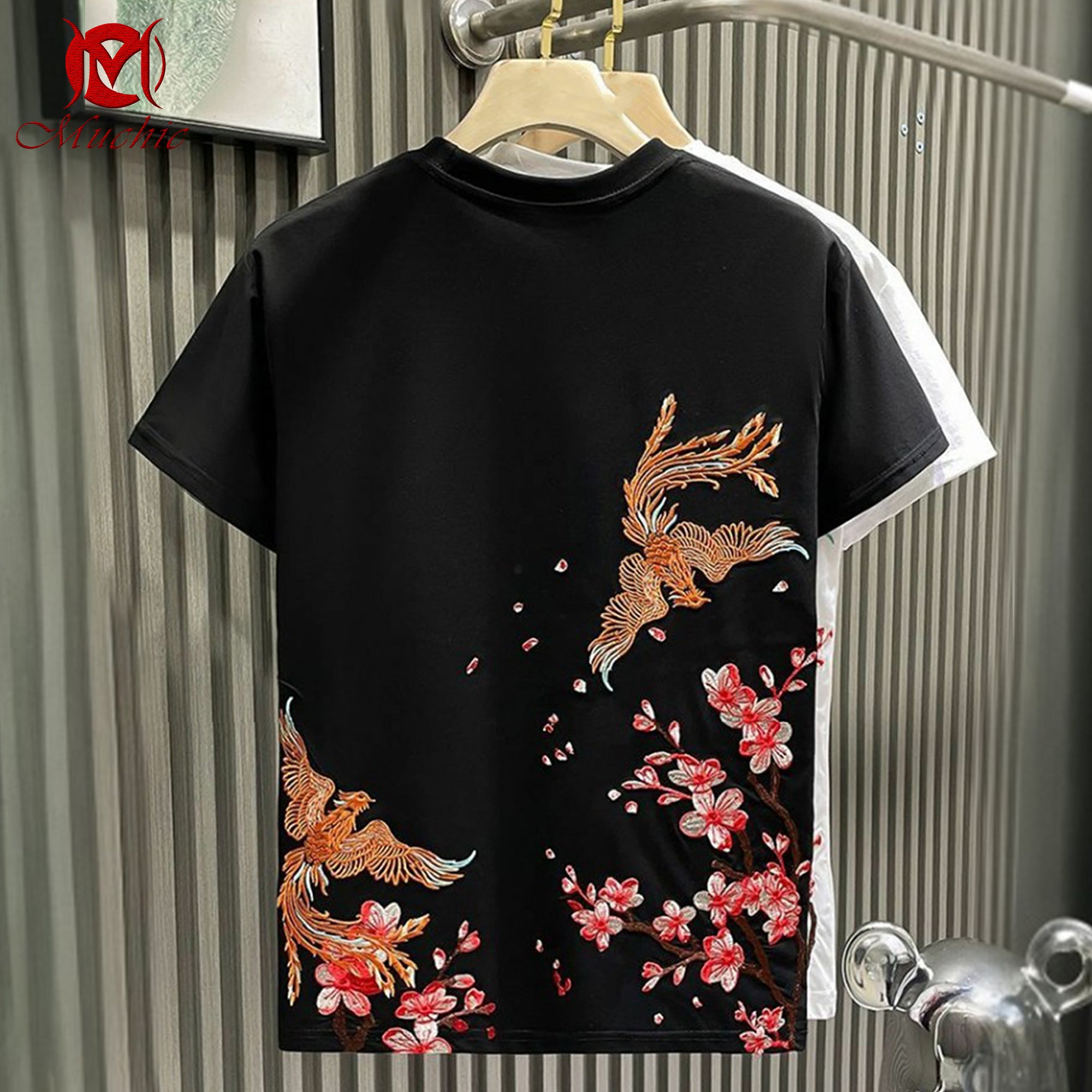 Unisex Intangible Cultural Heritage Double Phoenix Plum Blossom Embroidered T-shirt (Hand-embroidered) (Duty Free)