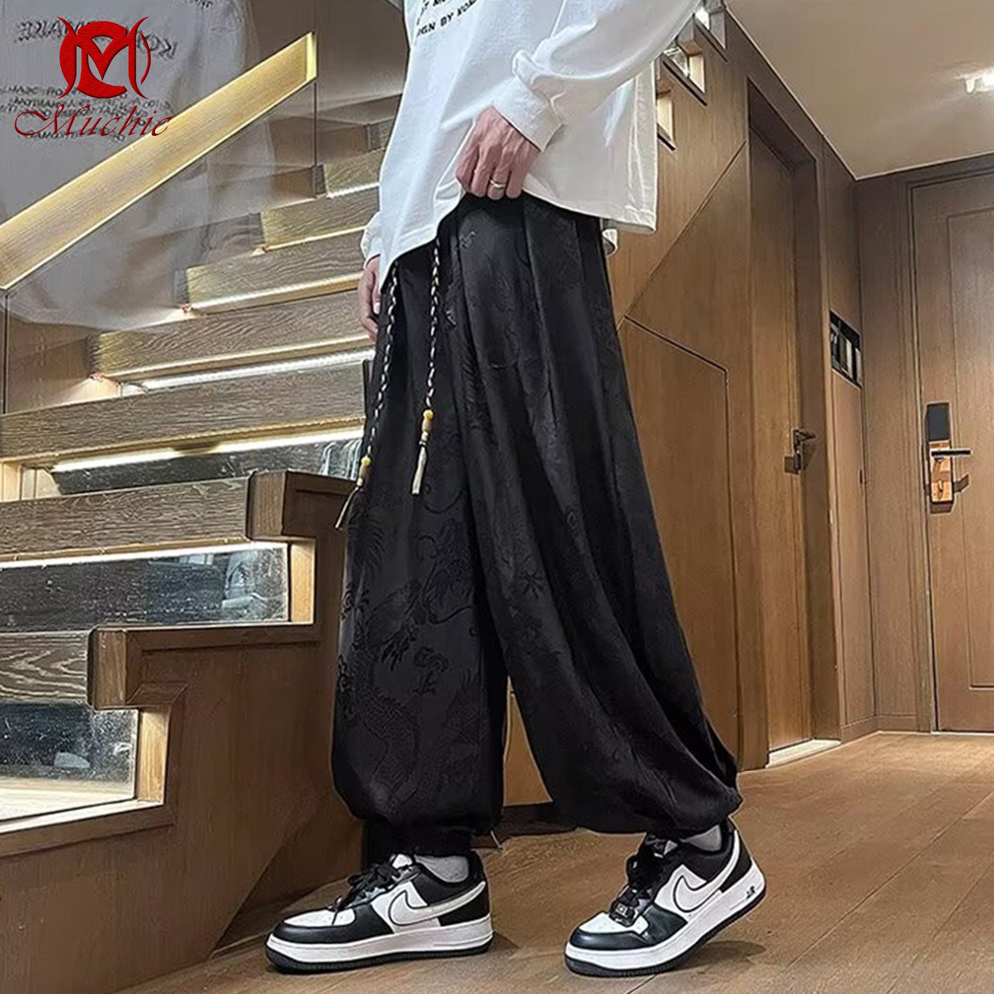 Dragon pattern casual loose trendy Chinese style lantern cuff wide-leg men's pants(Hand Embroidered) (Duty Free)