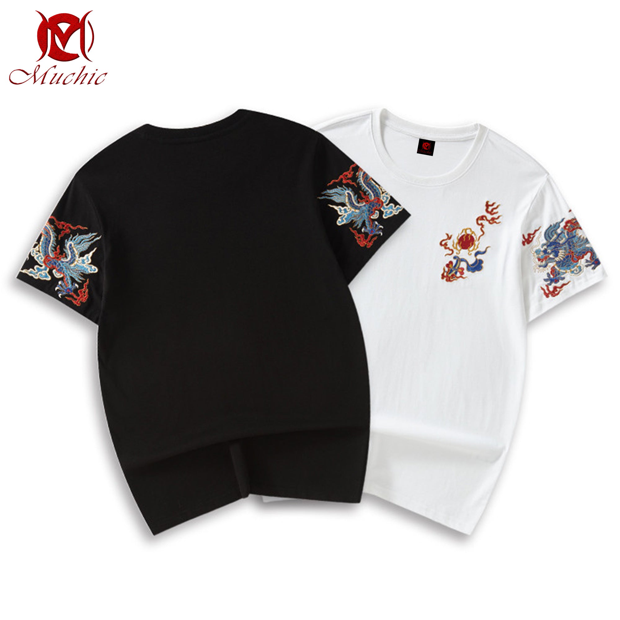 Unisex Intangible Cultural Heritage Green Double Dragon Pattern Embroidered T-shirt(Hand Embroidered) (Duty Free)