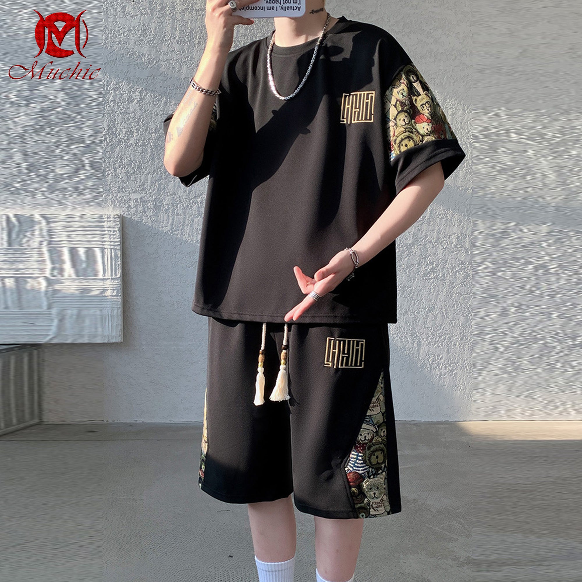 Men's summer suit new Chinese style leisure sports loose large size trendy short-sleeved shorts (Duty Free)