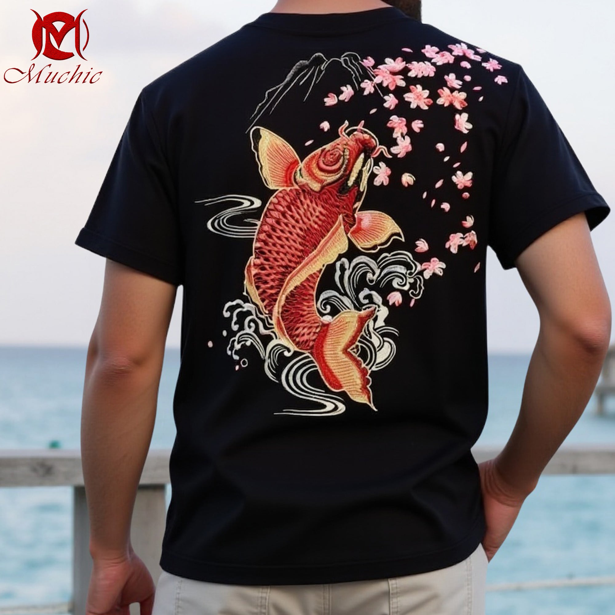 Unisex Intangible Cultural Heritage Goldfish and Cherry Blossom Embroidered T-shirt (Hand-embroidered) (Duty Free)