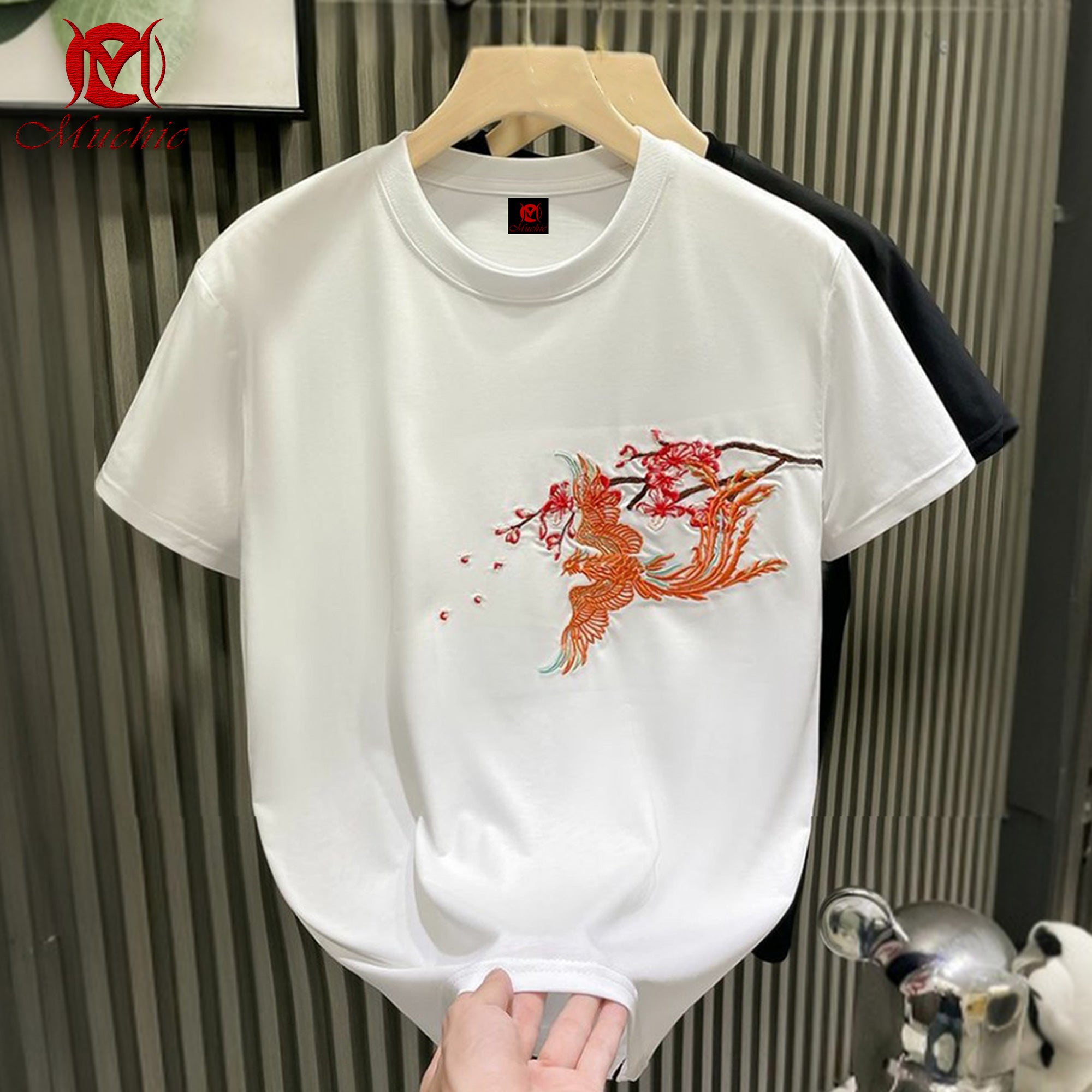 Unisex Intangible Cultural Heritage Double Phoenix Plum Blossom Embroidered T-shirt (Hand-embroidered) (Duty Free)