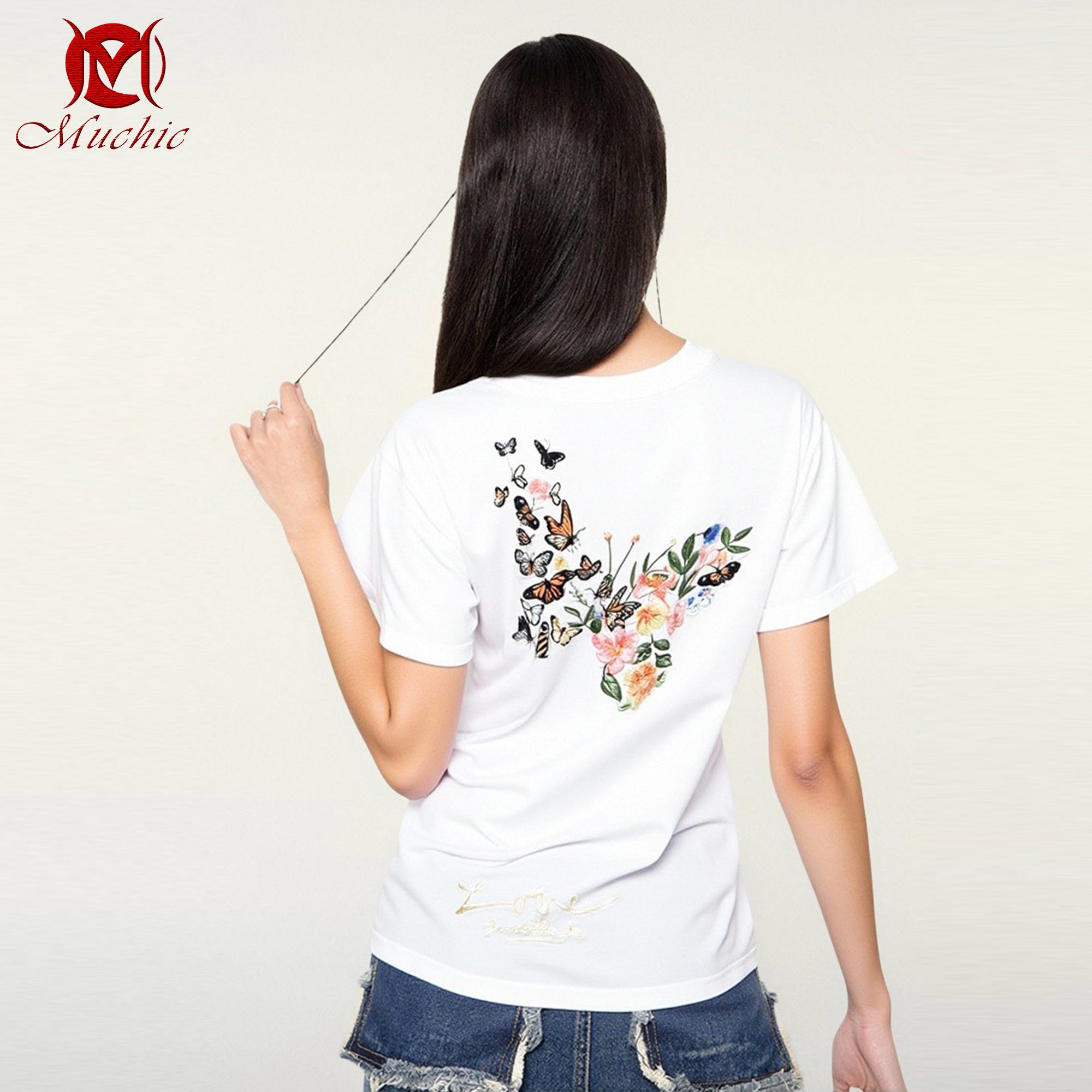 Unisex Intangible Cultural Heritage Flower and Butterfly Embroidered T-shirt(Hand Embroidered) (Duty Free)