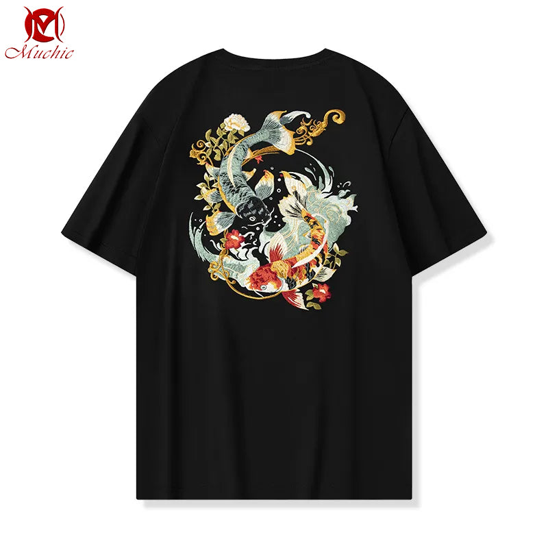 Unisex Intangible Cultural Heritage Koi Carp Embroidery T-shirt(Hand Embroidered) (Duty Free)