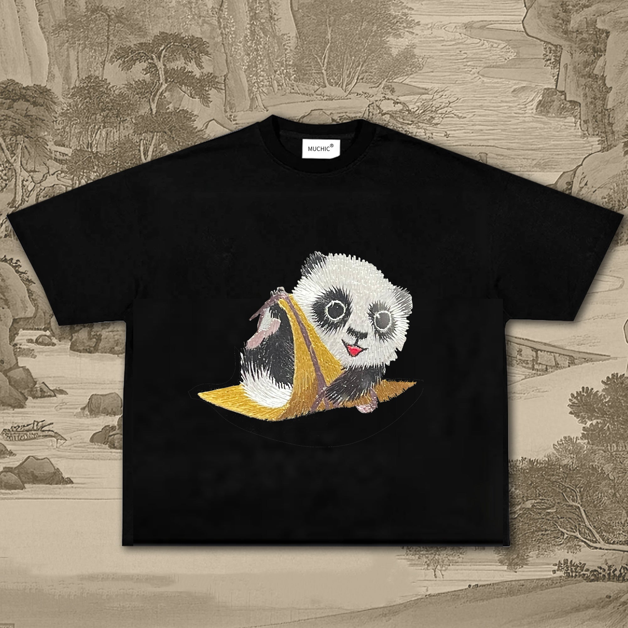 Unisex Intangible Cultural Heritage Panda Embroidered T-shirt (hand embroidery)(duty free)