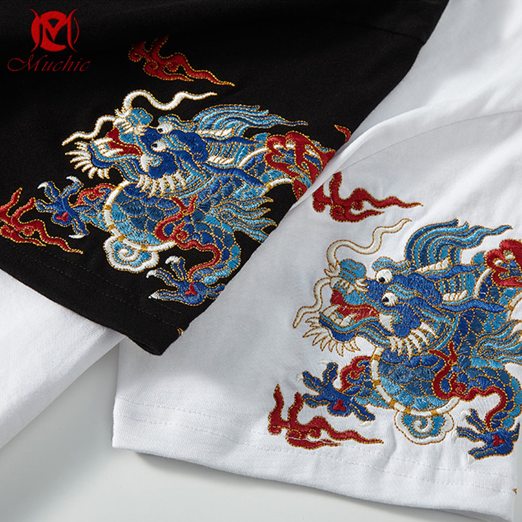 Unisex Intangible Cultural Heritage Green Double Dragon Pattern Embroidered T-shirt(Hand Embroidered) (Duty Free)
