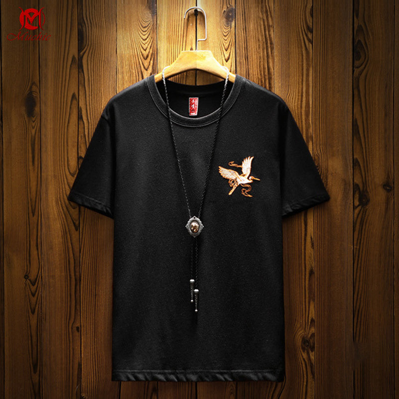 Unisex Intangible Cultural Heritage Red-crowned crane Embroidery T-shirt(Hand Embroidered) (Duty Free)