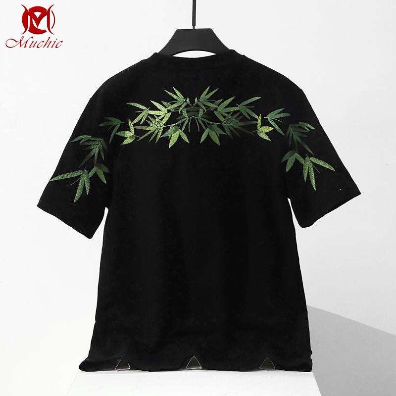 Unisex Intangible Cultural Heritag Bamboo Leaves Embroidery T-shirt(Hand Embroidered) (Duty Free)
