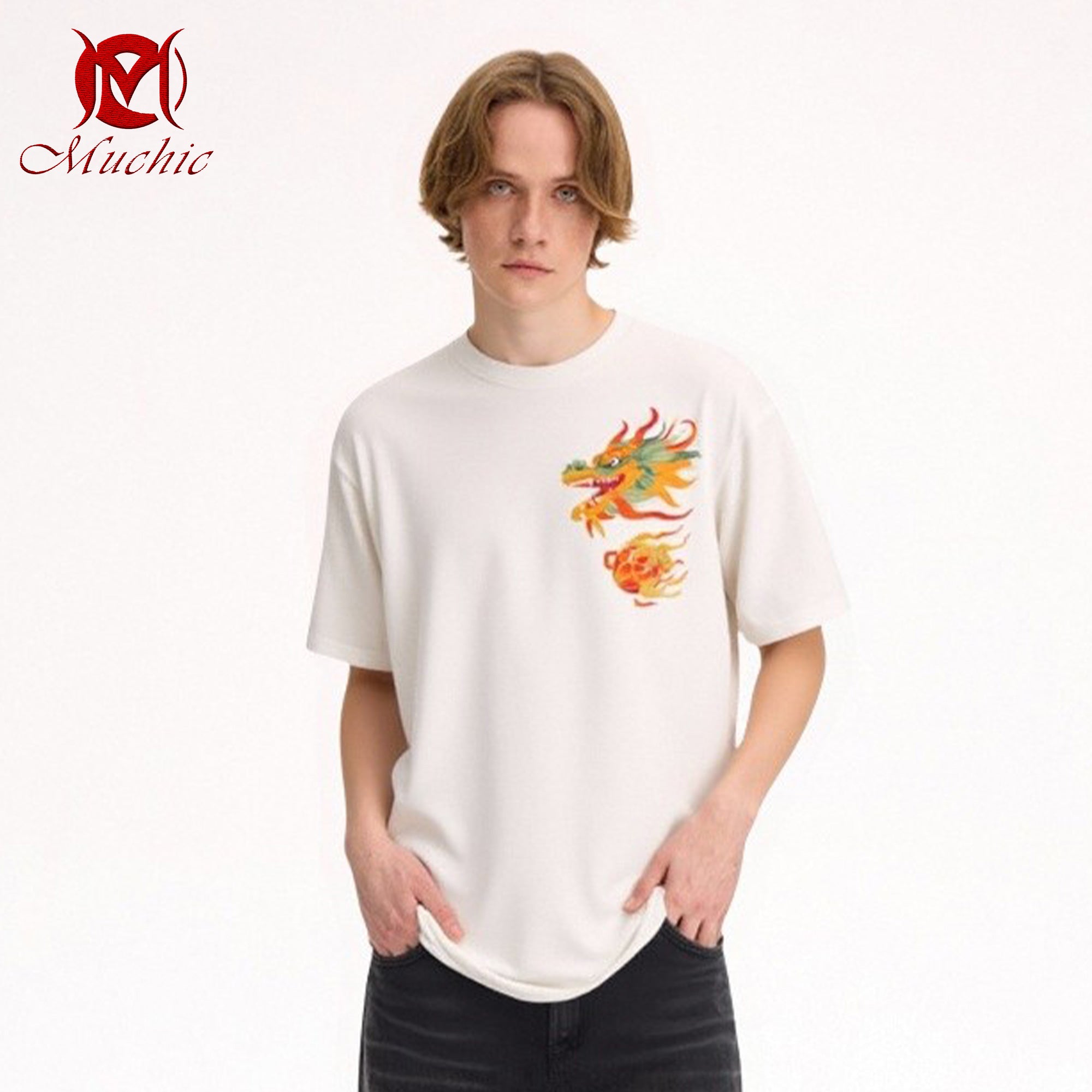 Unisex Intangible Cultural Heritage Dragon Head Embroidered T-shirt(Hand Embroidered) (Duty Free)