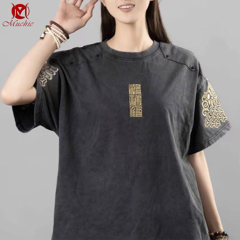 Unisex Intangible Cultural Heritage Fuku Texture Embroidery T-shirt(Hand Embroidered) (Duty Free)