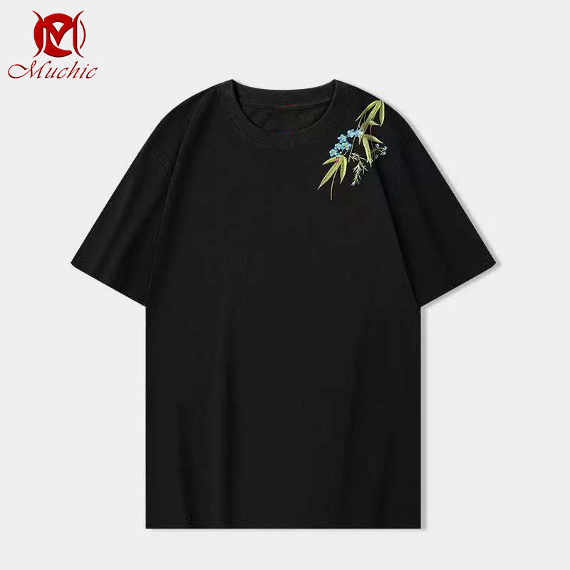 Unisex Intangible Cultural Heritag Flowers Embroidery T-shirt(Hand Embroidered) (Duty Free)