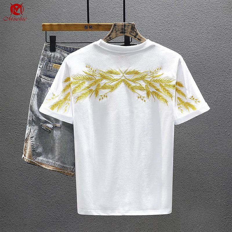 Unisex Intangible Cultural Heritage Wheat Embroidery T-shirt(Hand Embroidered) (Duty Free)