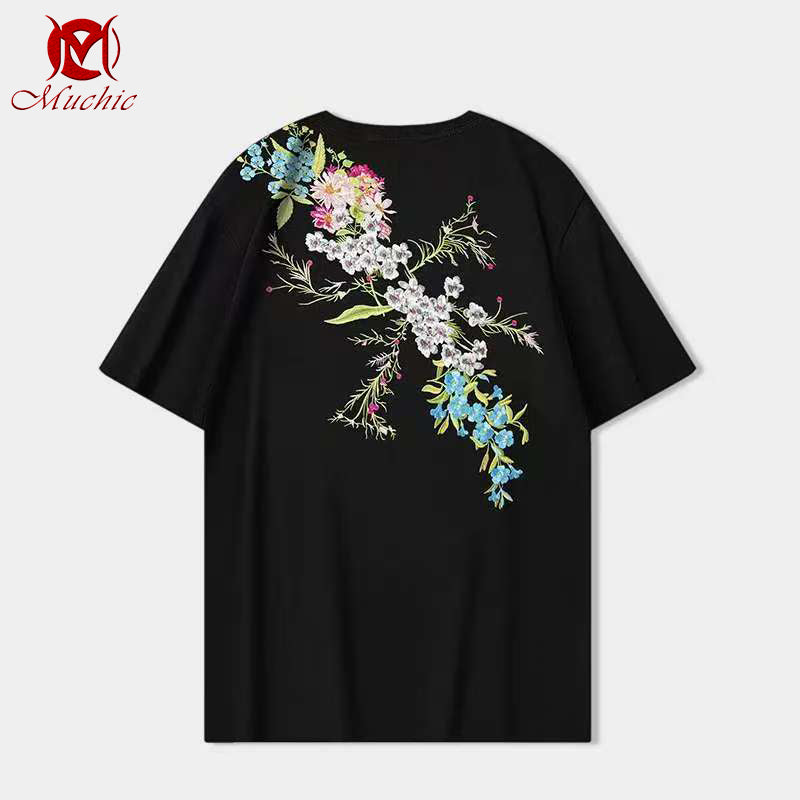 Unisex Intangible Cultural Heritag Flowers Embroidery T-shirt(Hand Embroidered) (Duty Free)
