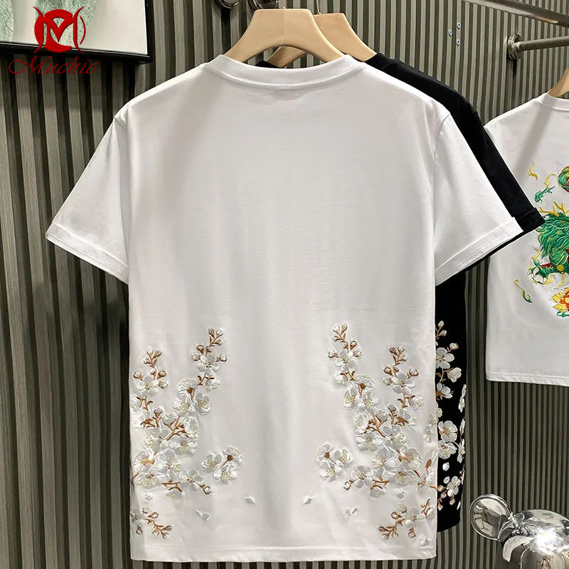 Unisex Intangible Cultural Heritag Flowers Embroidery T-shirt(Hand Embroidered) (Duty Free)