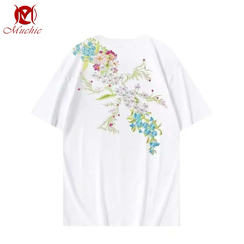Unisex Intangible Cultural Heritag Flowers Embroidery T-shirt(Hand Embroidered) (Duty Free)