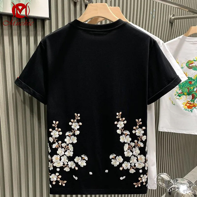 Unisex Intangible Cultural Heritag Flowers Embroidery T-shirt(Hand Embroidered) (Duty Free)