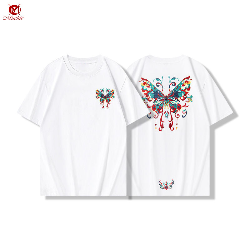 Unisex Intangible Cultural Heritage Butterflies Embroidery T-shirt(Hand Embroidered) (Duty Free)