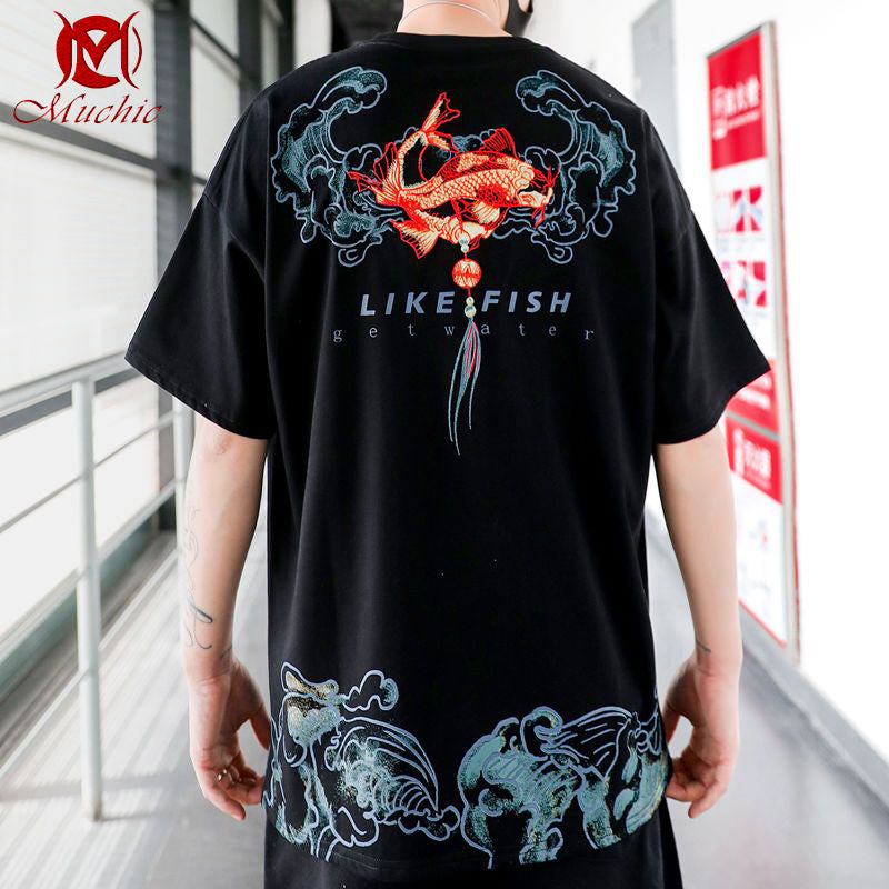 Unisex Intangible Cultural Heritag Koi Embroidery T-shirt(Hand Embroidered) (Duty Free)