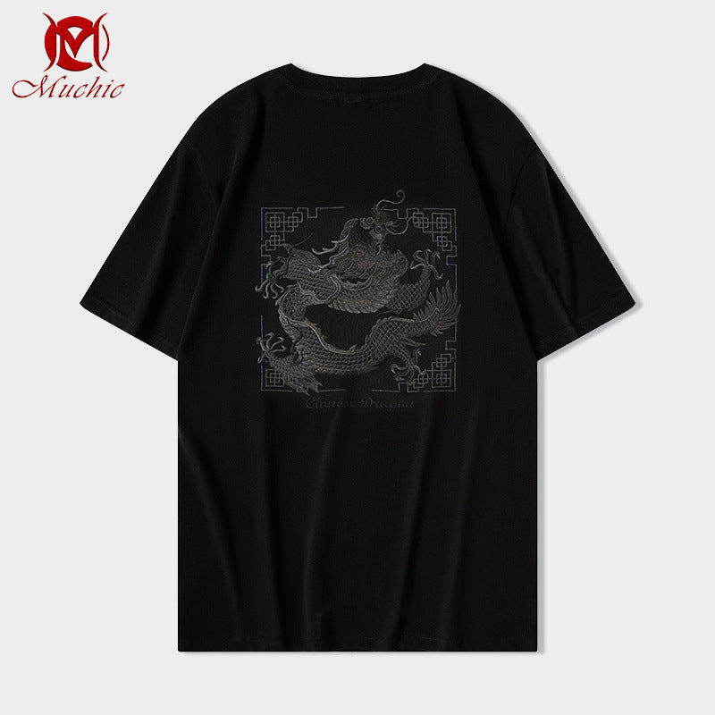 Unisex Intangible Cultural Heritage Chinese Dragon Embroidery T-shirt(Hand Embroidered) (Duty Free)
