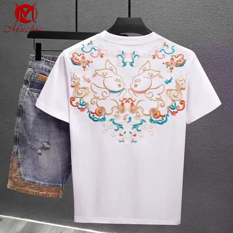 Unisex Intangible Cultural Heritag Rabbit Embroidery T-shirt(Hand Embroidered) (Duty Free)