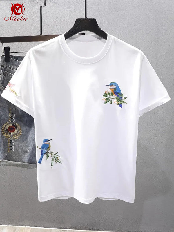 Unisex Intangible Cultural Heritage Kingfisher Embroidery T-shirt(Hand Embroidered) (Duty Free)