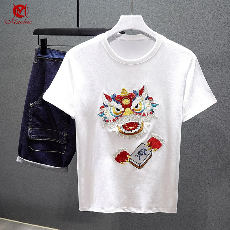 Unisex Intangible Cultural Heritag Lion Dance Embroidery T-shirt(Hand Embroidered) (Duty Free)