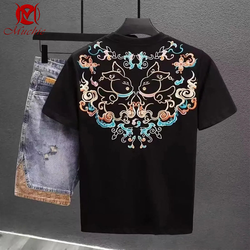 Unisex Intangible Cultural Heritag Rabbit Embroidery T-shirt(Hand Embroidered) (Duty Free)