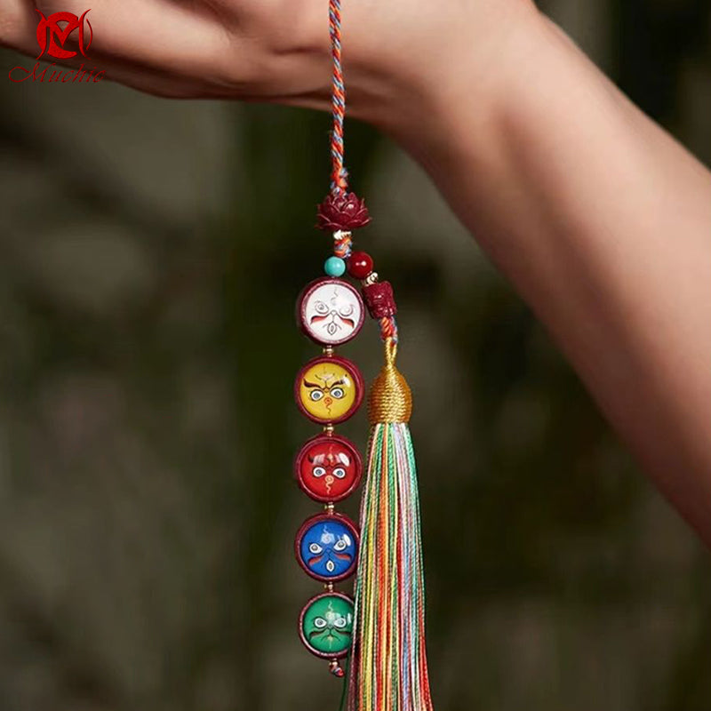 Pure Natural Cinnabar Five-Way God Of Wealth Tibetan-Style Handmade Braided Rope Pendant