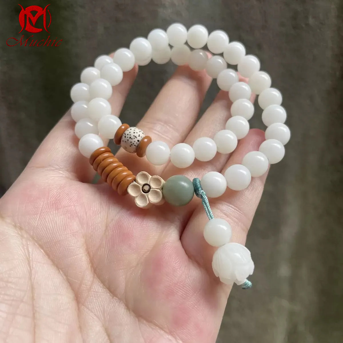 Natural White Jade Bodhi Double-Circle Bodhi Seed Bracelet