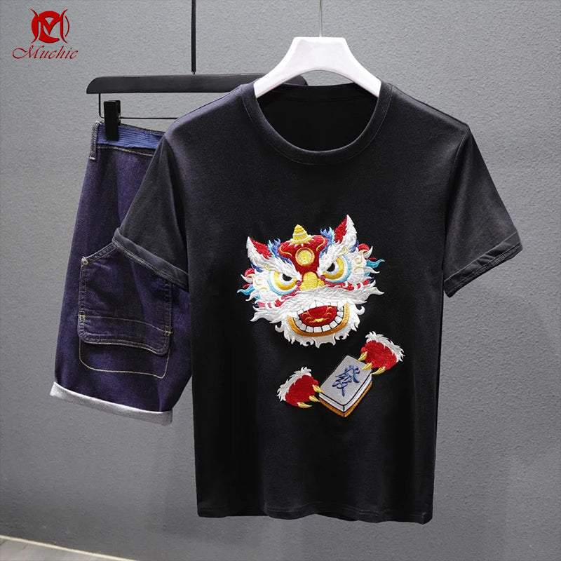 Unisex Intangible Cultural Heritag Lion Dance Embroidery T-shirt(Hand Embroidered) (Duty Free)
