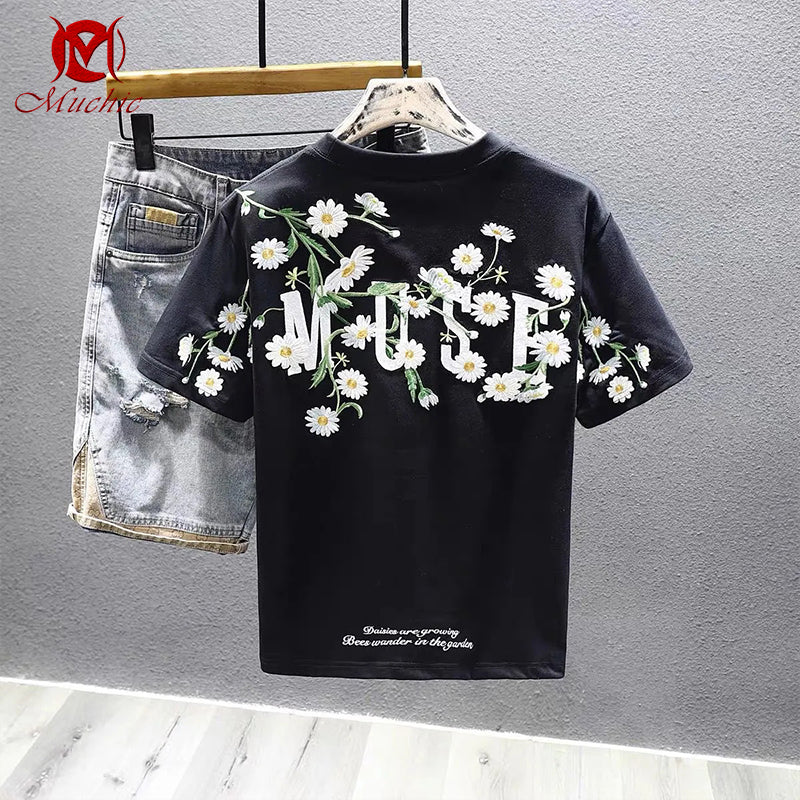 Unisex Intangible Cultural Heritage Butterflies and Flowers Embroidery T-shirt(Hand Embroidered) (Duty Free)