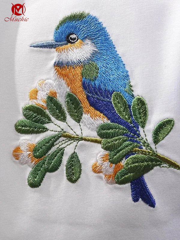 Unisex Intangible Cultural Heritage Kingfisher Embroidery T-shirt(Hand Embroidered) (Duty Free)