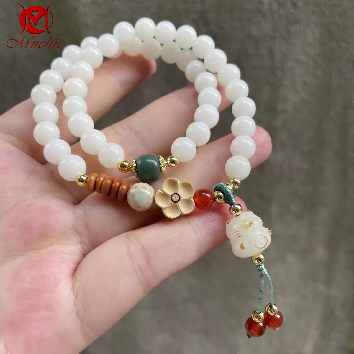 Natural White Jade Bodhi Double-Circle Bodhi Seed Bracelet
