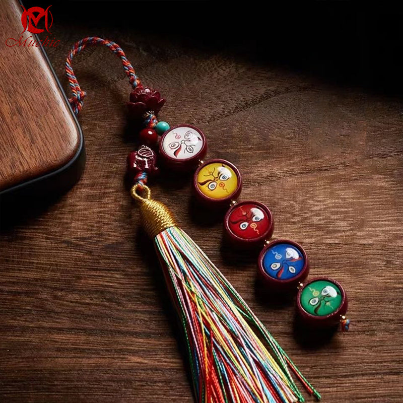 Pure Natural Cinnabar Five-Way God Of Wealth Tibetan-Style Handmade Braided Rope Pendant