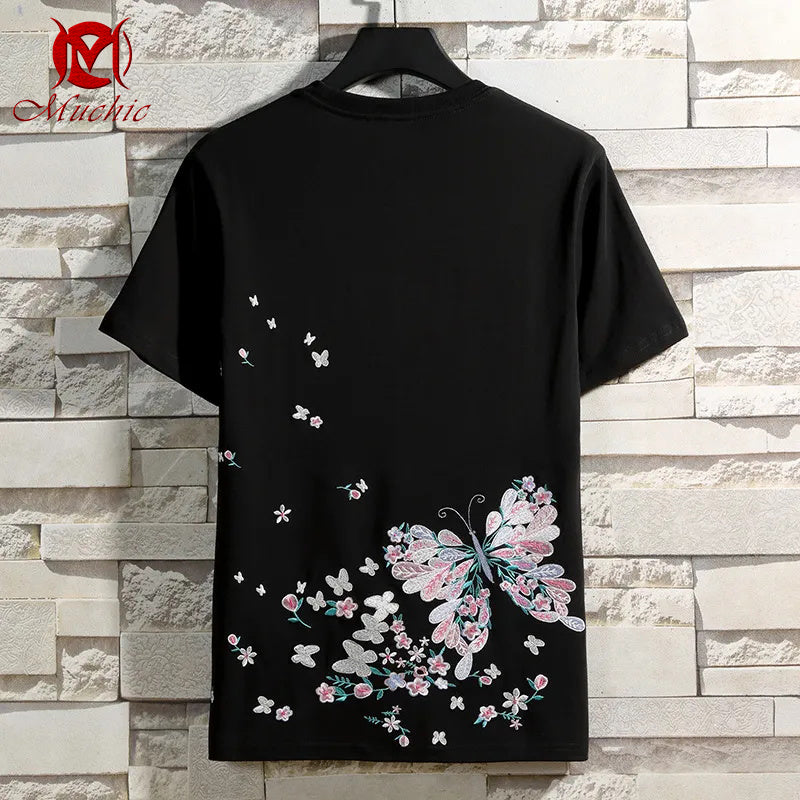 Unisex Intangible Cultural Heritag Butterflies Embroidery T-shirt(Hand Embroidered) (Duty Free)