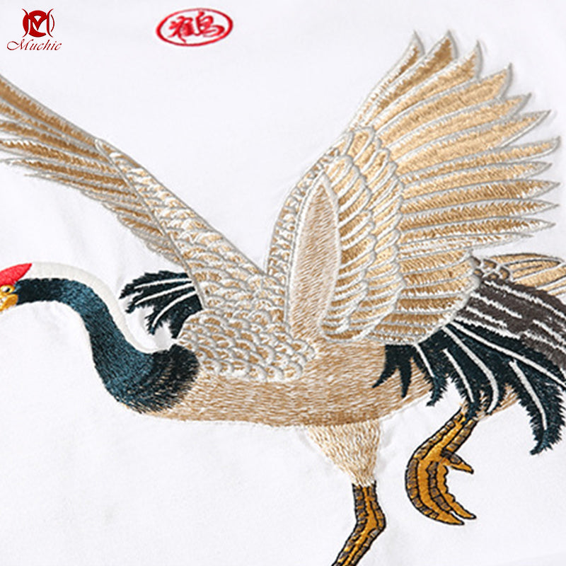 Unisex Intangible Cultural Heritage Red-Crowned Crane Embroidery T-shirt(Hand Embroidered) (Duty Free)