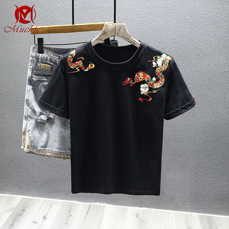 Unisex Intangible Cultural Heritage Snake Embroidery T-shirt(Hand Embroidered) (Duty Free)